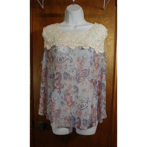 Cato Woman Paisley Lace Sleeveless Blouse Crochet Yoke Blue Pink Plus 18/20W